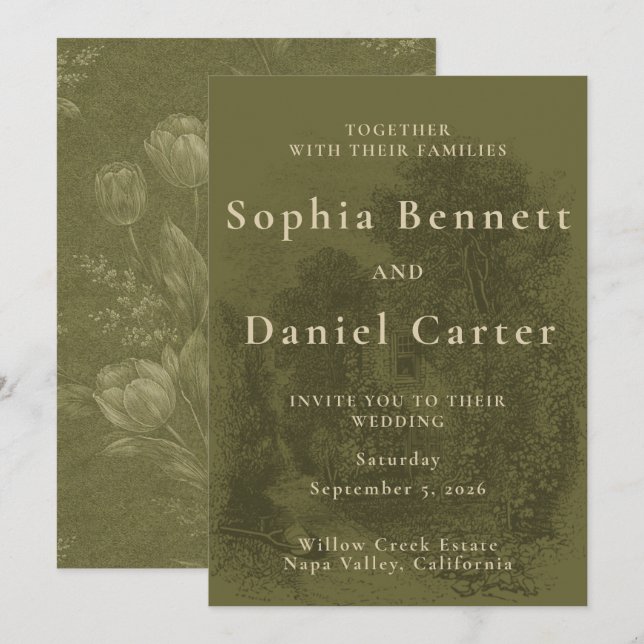 Invitation Mariage Vert Olive Vintage (Devant / Derrière)