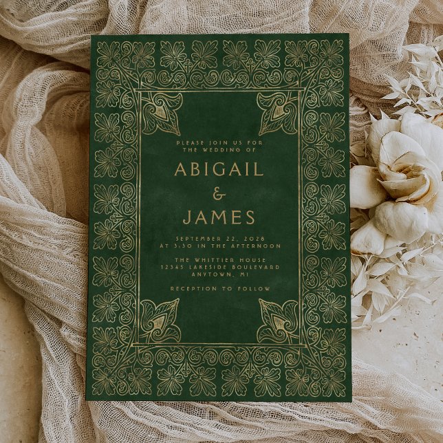 Invitation Mariage Vert Or Livre Ancien (A unique choice for a vintage green and gold themed wedding.)