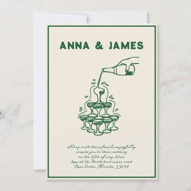 Invitation Mariage vert rétro Tour Champagne tiré à la main (Devant)