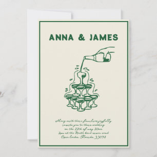 Invitation Mariage vert rétro Tour Champagne tiré à la main