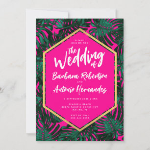 Invitation Mariage vert rose chaud Feuille tropical