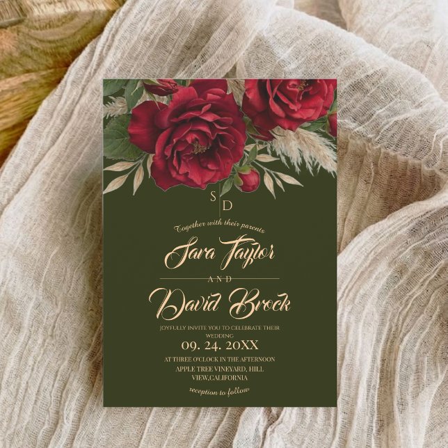 Invitation Mariage Vert & Roses Floral Moderne Boho  (Créateur téléchargé)