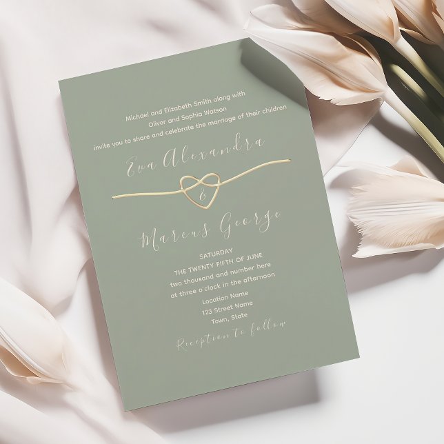 Invitation Mariage Vert Sauge avec Cœur de Corde Dorée (Créateur téléchargé)