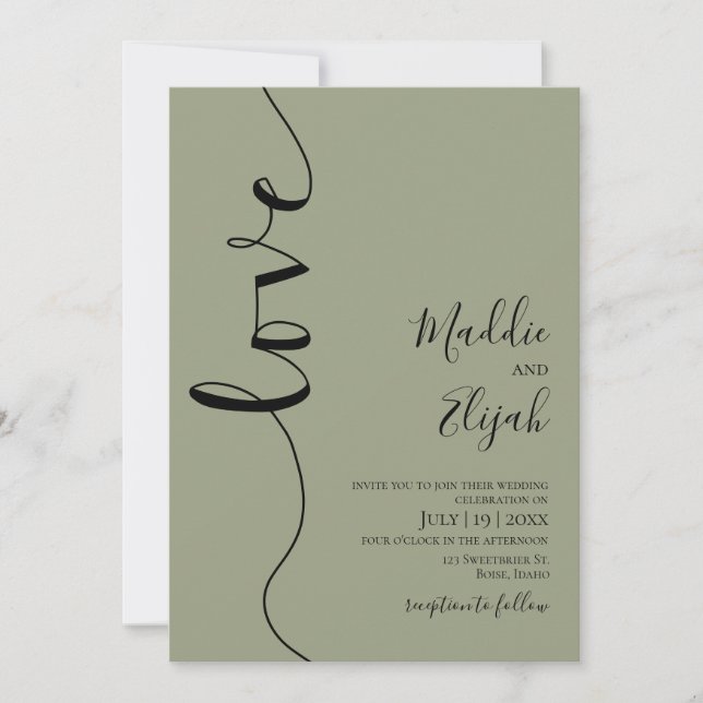 Invitation Mariage, Vert Sauge, Élégant, Simple, Typographie, (Devant)