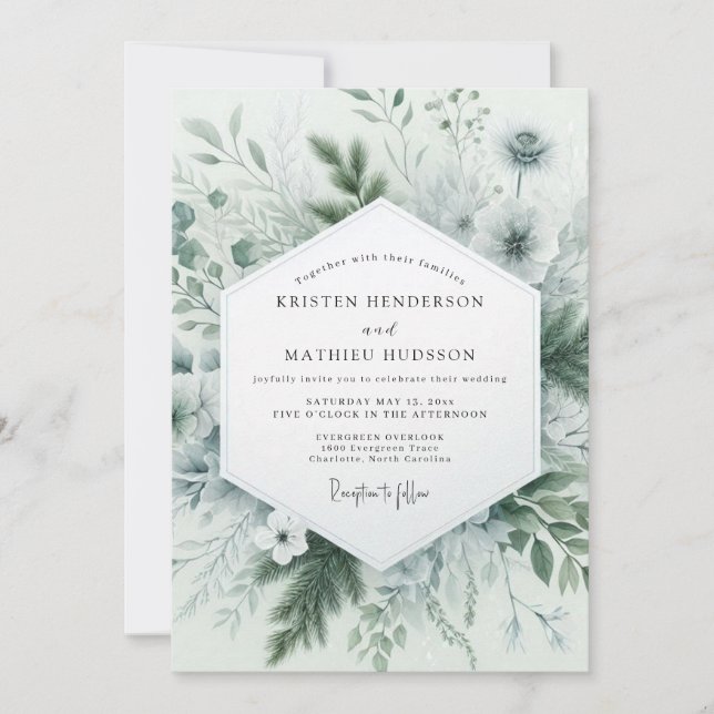 Invitation Mariage Vert Sauge en Forêt Luxuriante (Devant)