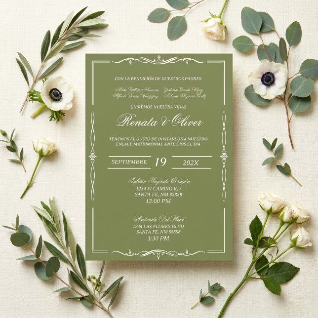 Invitation Mariage vert sauge espagnol fantaisie  (Créateur téléchargé)