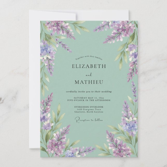 Invitation Mariage Vert Sauge Fleur de Lavande (Devant)