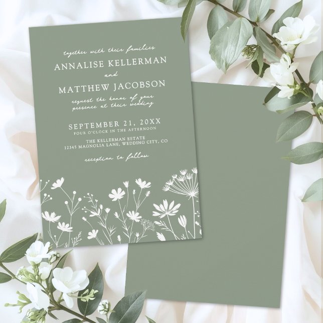 Invitation Mariage Vert Sauge Fleur Sauvage (Wildflower Sage Green Wedding Invitation)