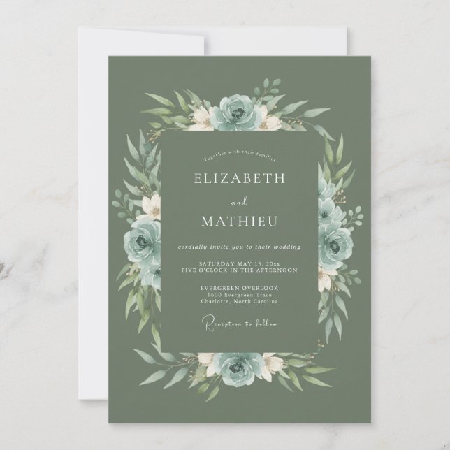 Invitation Mariage Vert Sauge Terreux en Forêt (Devant)