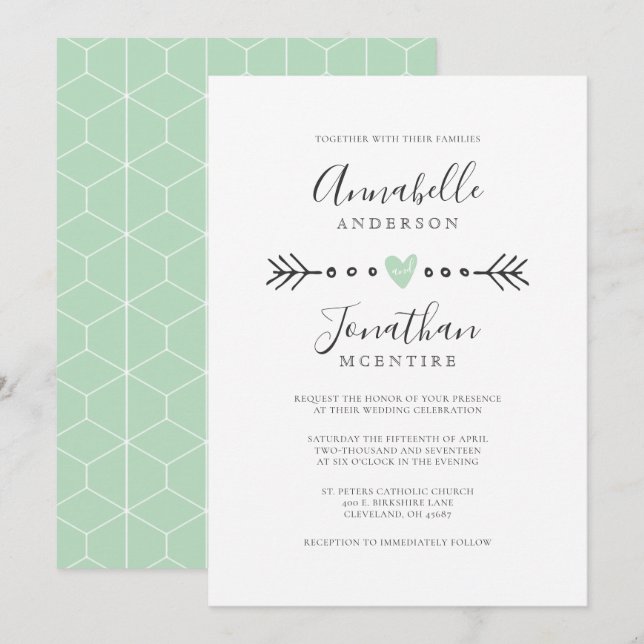 Invitation Mariage vert simple en forme de coeur et de pointe (Devant / Derrière)