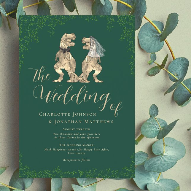 Invitation Mariage Vert sur le thème des dinosaures (Dinosaur wedding green invitation T-Rex dino bride & groom modern elegant script eucalyptus foliage)