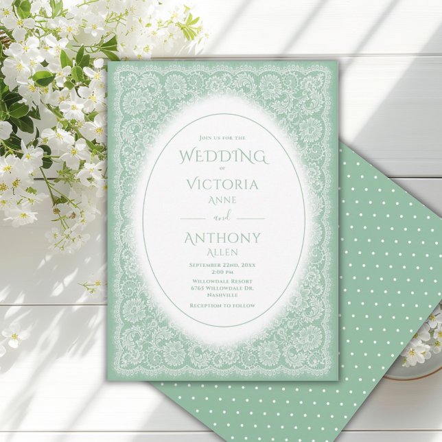 Invitation Mariage Vert Vintage Blanc en Dentelle (Créateur téléchargé)