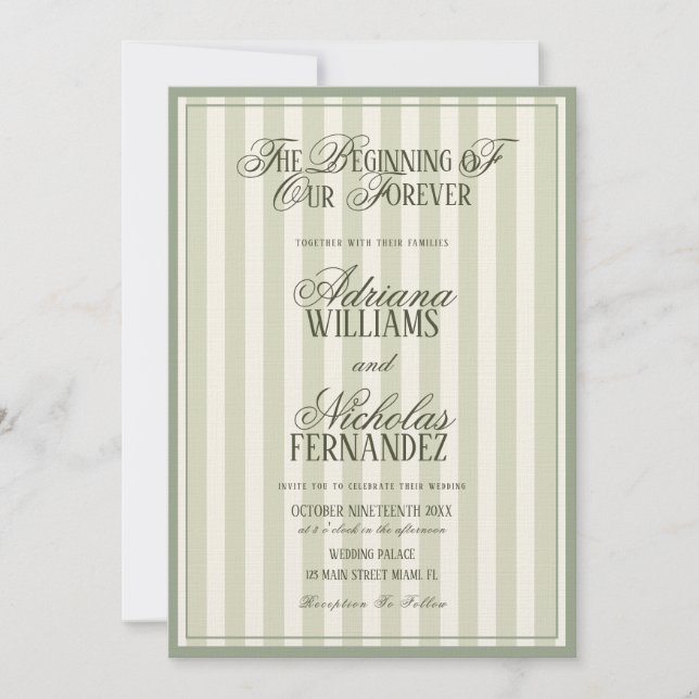 Invitation Mariage Vert Vintage Élégant Rayé (Devant)