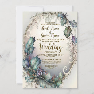 Invitation Mariage Vert violet Feuilles Cadre Golden Elegant