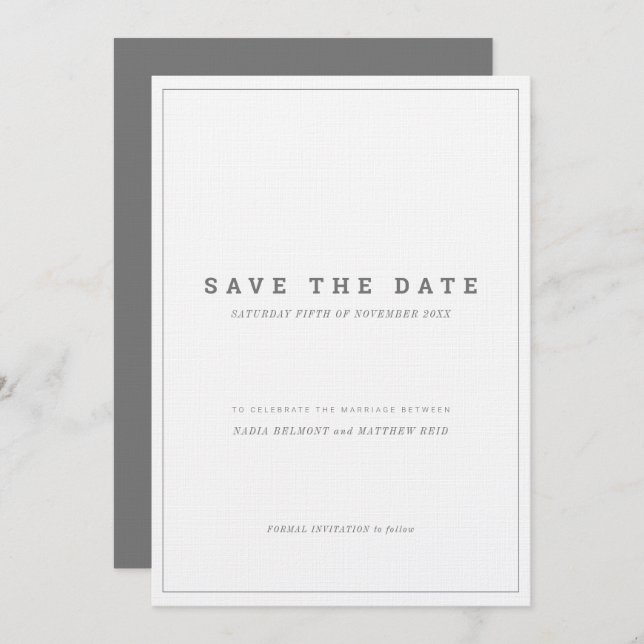 Invitation Mariage vertical blanc gris minimal enregistrer la (Devant / Derrière)