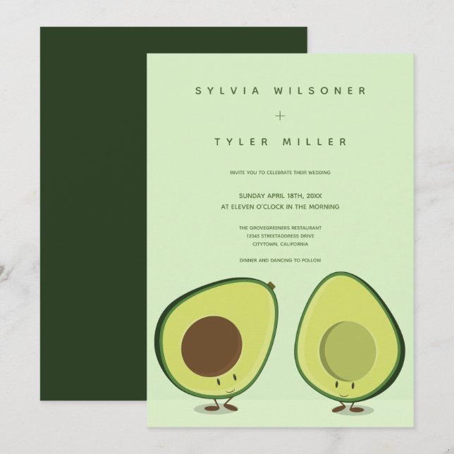 Invitation Mariage vertical vert Avocados illustré (Devant / Derrière)