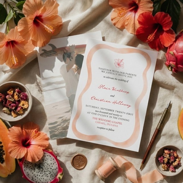 Invitation Mariage Vibrant à Hawaï avec une Bordure Ondulée d (Invite guests to your destination wedding day with this Tropical Hibiscus Wavy Border Invite!)
