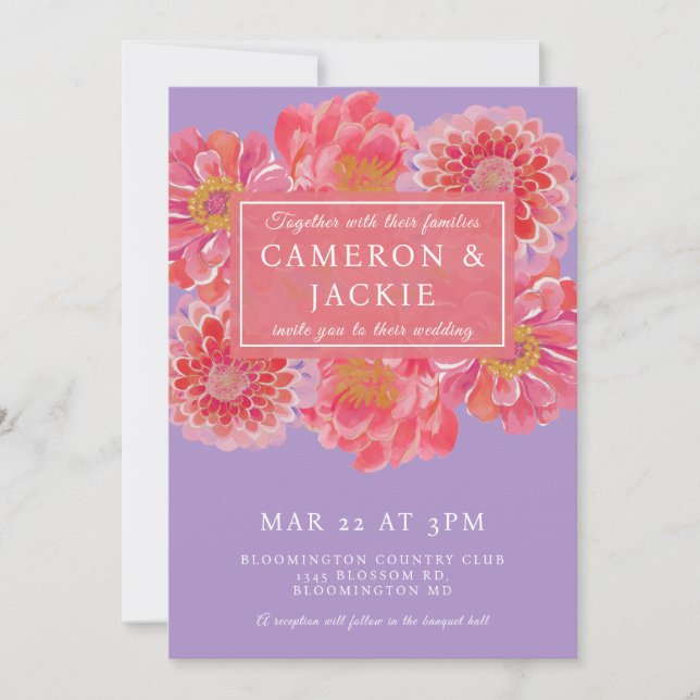 Invitation Mariage vibrant aux zinnias violets  (Devant)