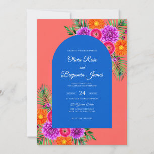 Invitation Mariage vibrant aux zinnias violets et eucalyptus