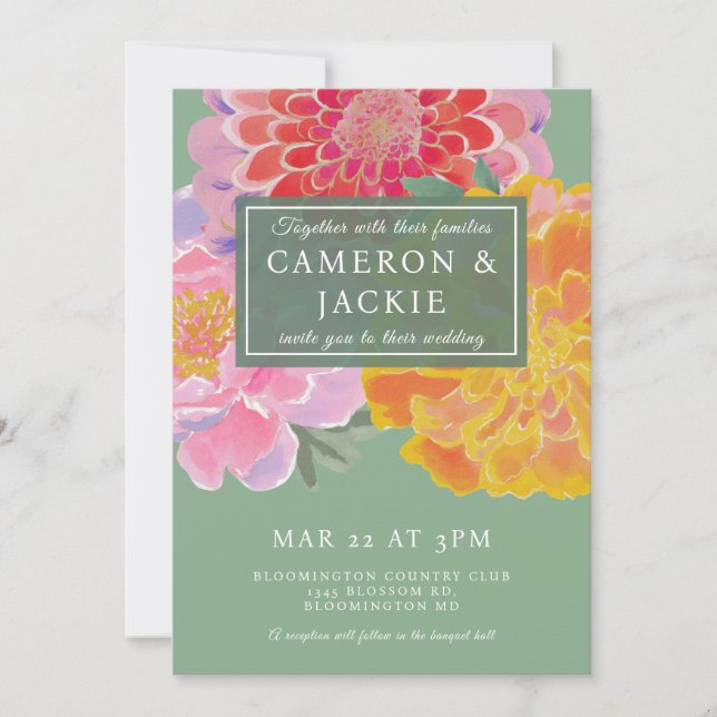 Invitation Mariage vibrant de Tagetes et de Zinnia (Devant)