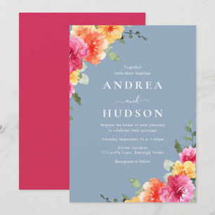 Invitation Mariage Vibrant Rose Floral Bleu Poussiéreux