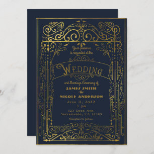 Invitation Mariage Victorian Deco Vintage Navy Blue & Gold