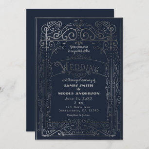 Invitation Mariage Victorian Deco Vintage Navy Blue & Silver