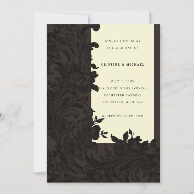 Invitation Mariage victorien à fleurs brun foncé (Devant)
