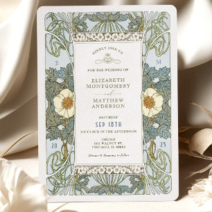 Invitation Mariage victorien Art nouveau bleu poussiéreux vin