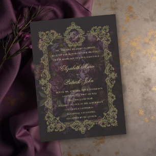 Invitation Mariage Victorien noir avec couronne botanique en