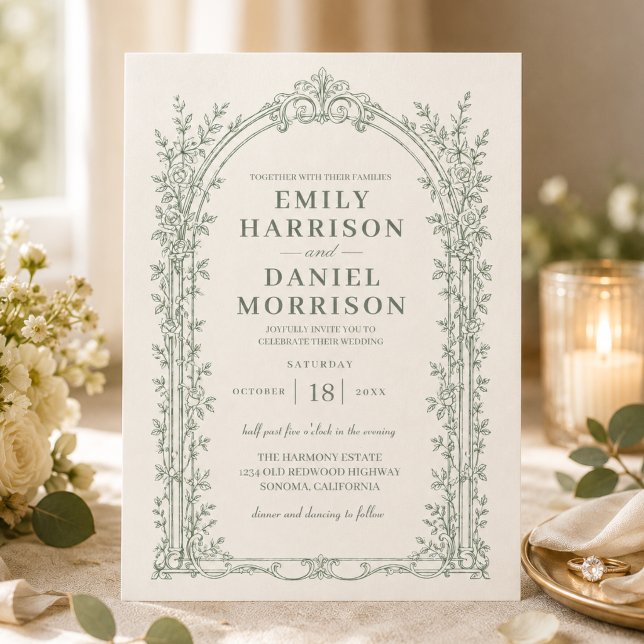 Invitation Mariage victorien vintage vert sauge (Créateur téléchargé)