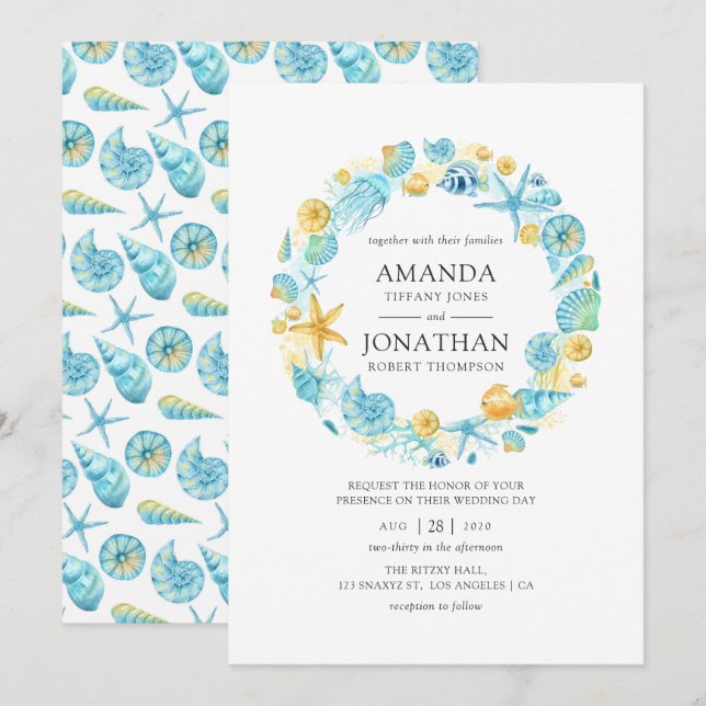 Invitation Mariage Vie Marine Bleue et Jaune (Devant / Derrière)