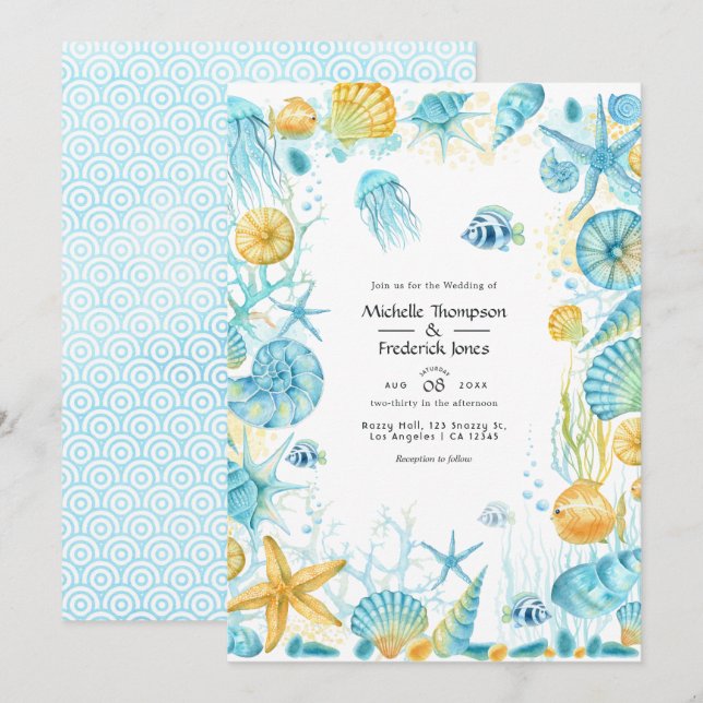 Invitation Mariage Vie Marine Bleue et Jaune (Devant / Derrière)