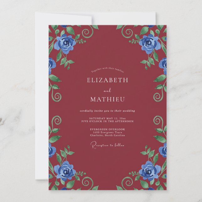 Invitation Mariage Vigne Cobalt Bordeaux (Devant)