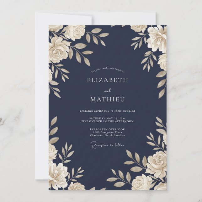 Invitation Mariage Vigne Crème Navy (Devant)