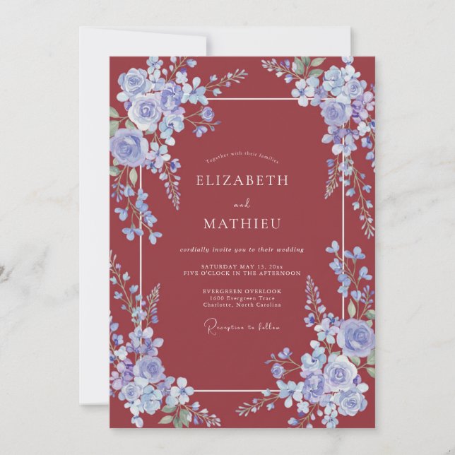 Invitation Mariage Vigne de Pervenche Cramoisi (Devant)