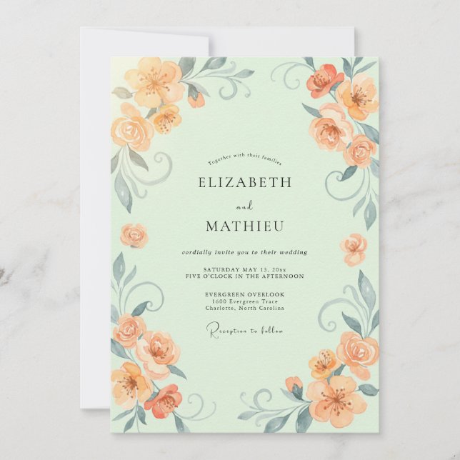 Invitation Mariage Vigne Menthe Abricot (Devant)