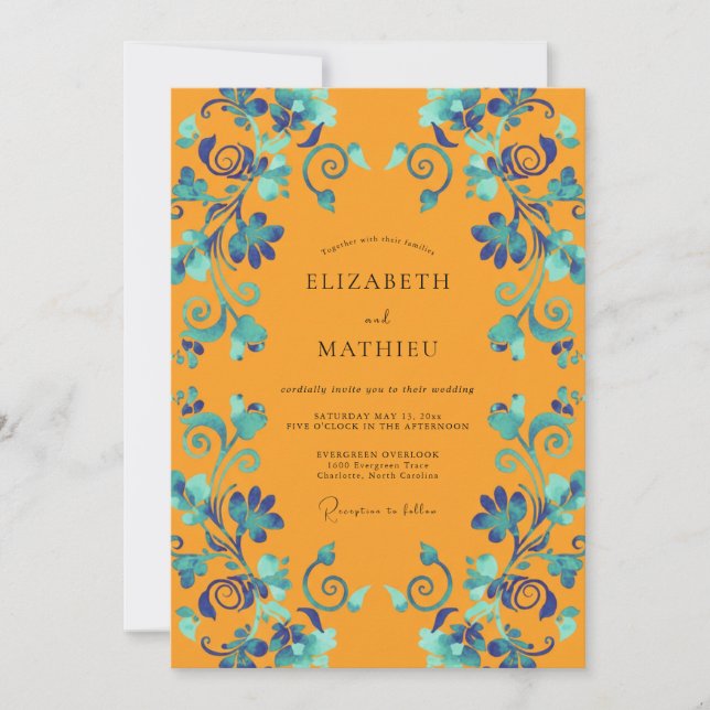 Invitation Mariage Vigne Turquoise Moutarde (Devant)