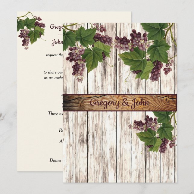 Invitation Mariage vinicole rustique de raisin de bois (Devant / Derrière)