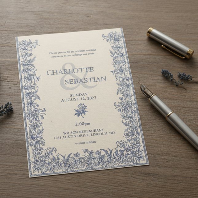 Invitation Mariage vintage à la frontière botanique bleue (Créateur téléchargé)