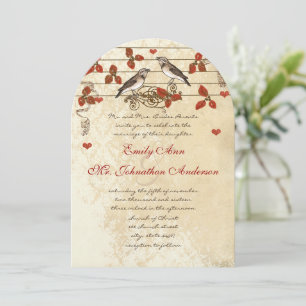 Invitation Mariage Vintage Amoureux de Tourterelles Rouge Feu