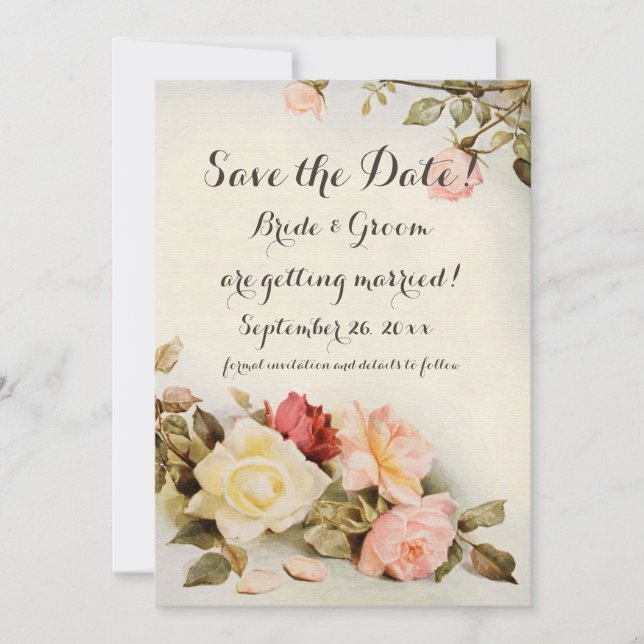 Invitation Mariage Vintage Antique Fleurs de jardin Rose (Devant)