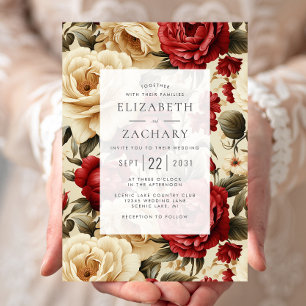 Invitation Mariage Vintage Aquarelle Roses Rouge Ivoire Vert