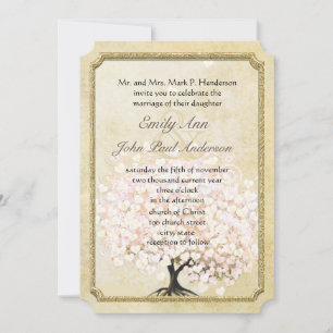 Invitation Mariage Vintage Arbre Feuille de Coeur Rose Gold