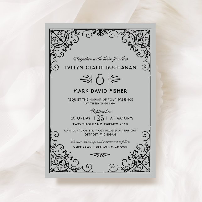 Invitation Mariage vintage Argent et Art déco Noir (Créateur téléchargé)