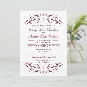 Invitation Mariage Vintage Argent et Bourgogne à Flourir