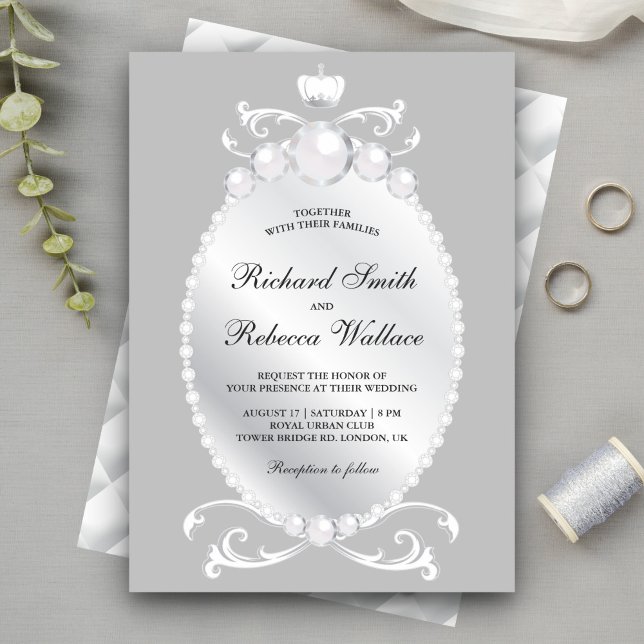 Invitation Mariage Vintage Argent Perle Bijou (Créateur téléchargé)