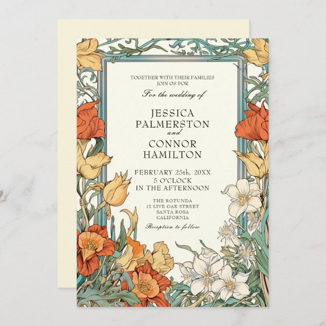 Invitation Mariage vintage Art Nouveau Floral (Devant / Derrière)