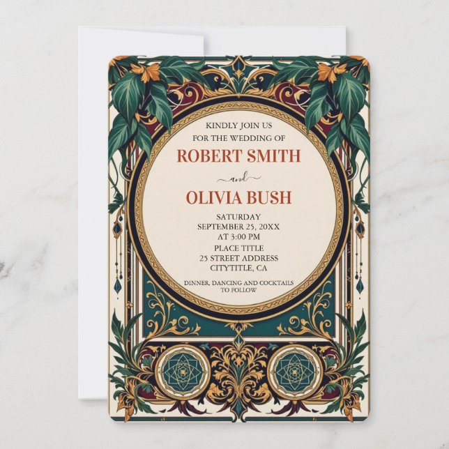 Invitation Mariage Vintage Art Nouveau Vert Or  (Devant)