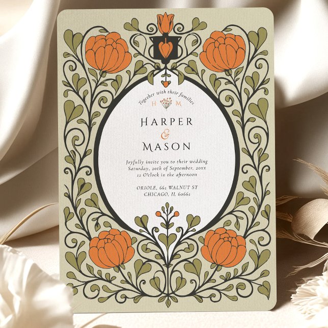 Invitation Mariage Vintage Arts & Crafts Fleur Orange (Créateur téléchargé)
